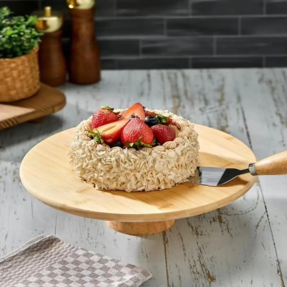 Doğal Bambu Yuvarlak Ayaklı Pasta ve Kek Sunum Standı