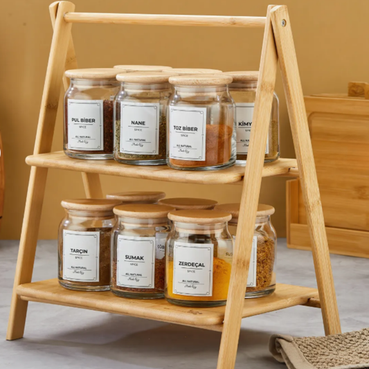 2 Katlı Bambu Dekoratif Sunumluk ve Baharat Standı