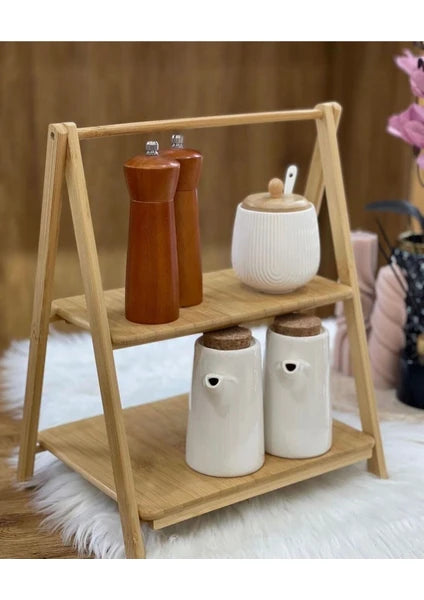 2 Katlı Bambu Dekoratif Sunumluk ve Baharat Standı